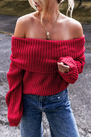 Soft cotton-acrylic blend off-the-shoulder sweater with ribbed knit accents