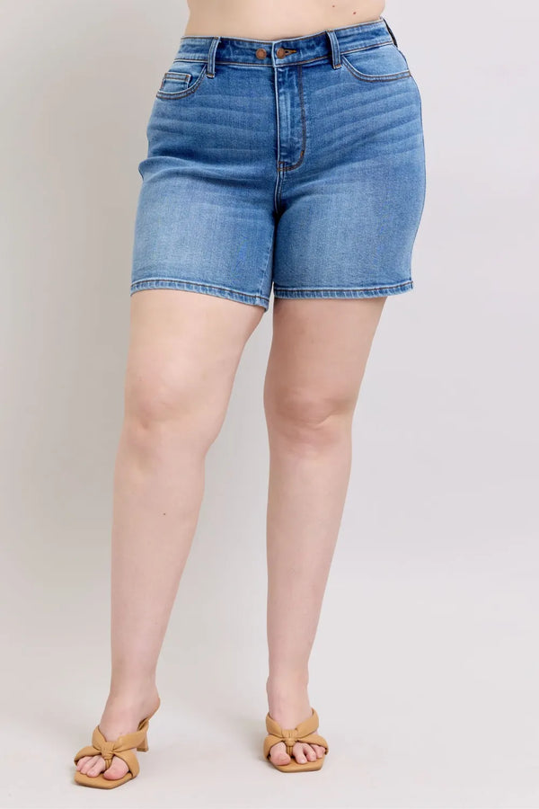Judy Blue Plus Size Raw Hem Denim Shorts with Functional Pockets