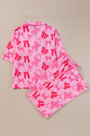 Short sleeve pink pajamas top with all-over bow knot pattern