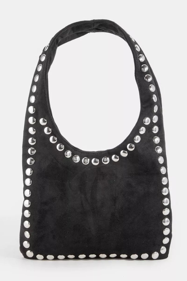 Studded Suede Shoulder Bag with Grommet Border - Fame