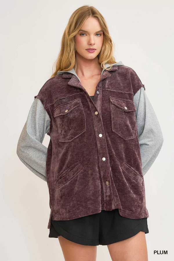 Womens Fall Jacket - Contrast Hooded Chenille Jacket in Plum