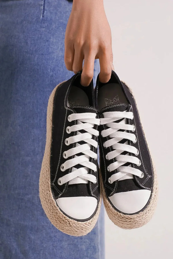 Black Shoes: Lace-Up Woven Espadrille Sole Sneakers