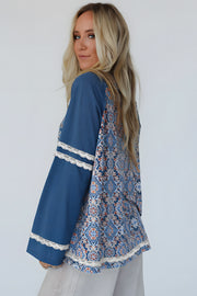 Blue Geometric Long Sleeve Top in relaxed oversized shift silhouette