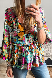Multicolour floral bubble sleeve V-neck ruffled blouse in bright multicolour print