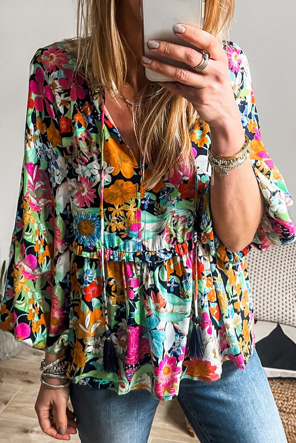 Multicolour Floral Bubble Sleeve V-Neck Ruffled Blouse