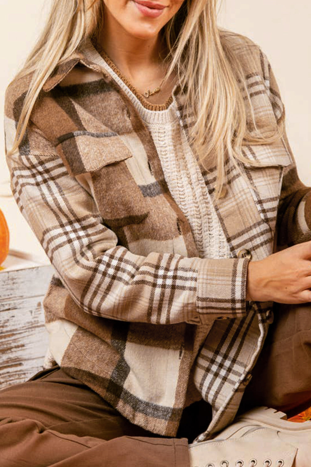 Light French Beige plaid flannel shacket with button-up front and turn-down collar