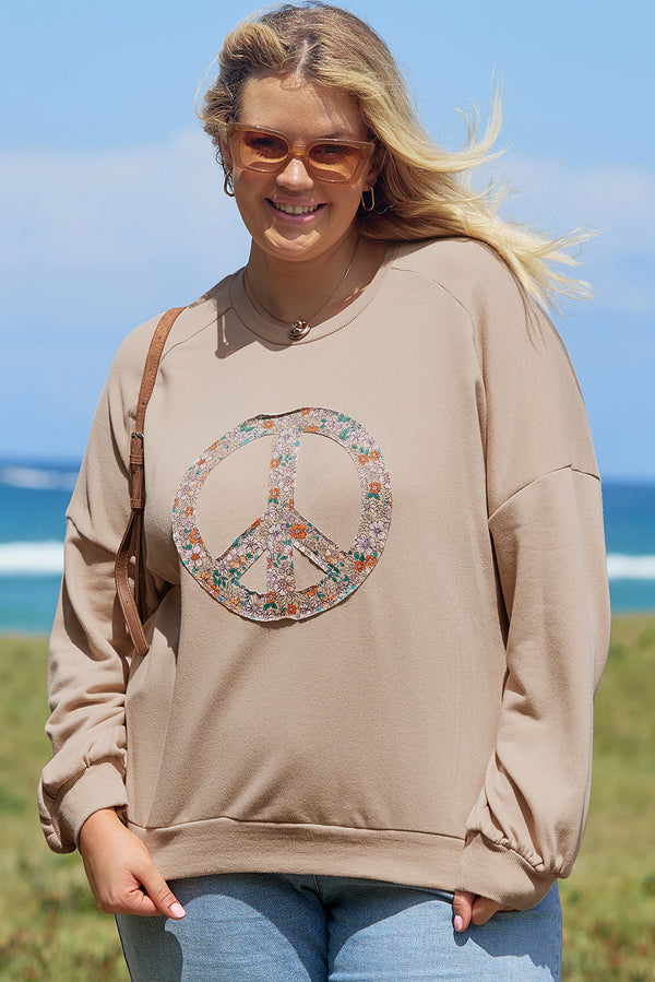 Womens Sweatshirt Plus Size Floral Peace Sign Washed Terry - Pale Khaki