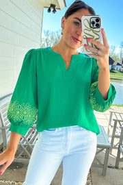 3/4 sleeve embroidered blouse in easy-care 100% polyester