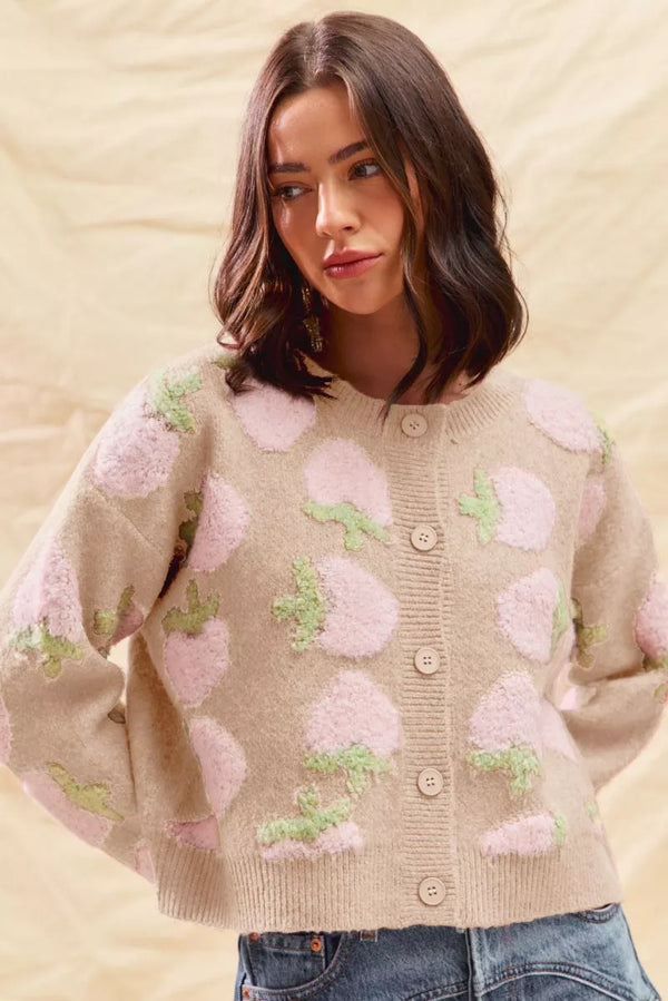 Strawberry Print Button-Up Cardigan Sweater