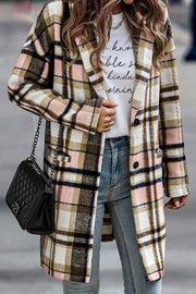 Pink plaid button-up jacket styled for office or casual wear