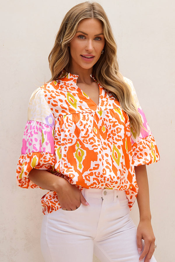 Womens Summer Blouse Top - Orange Leopard Colorblock Puff Sleeve Split Neck