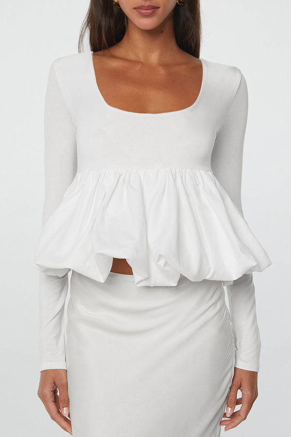 White U-Neck Bubble Hem Long Sleeve Top