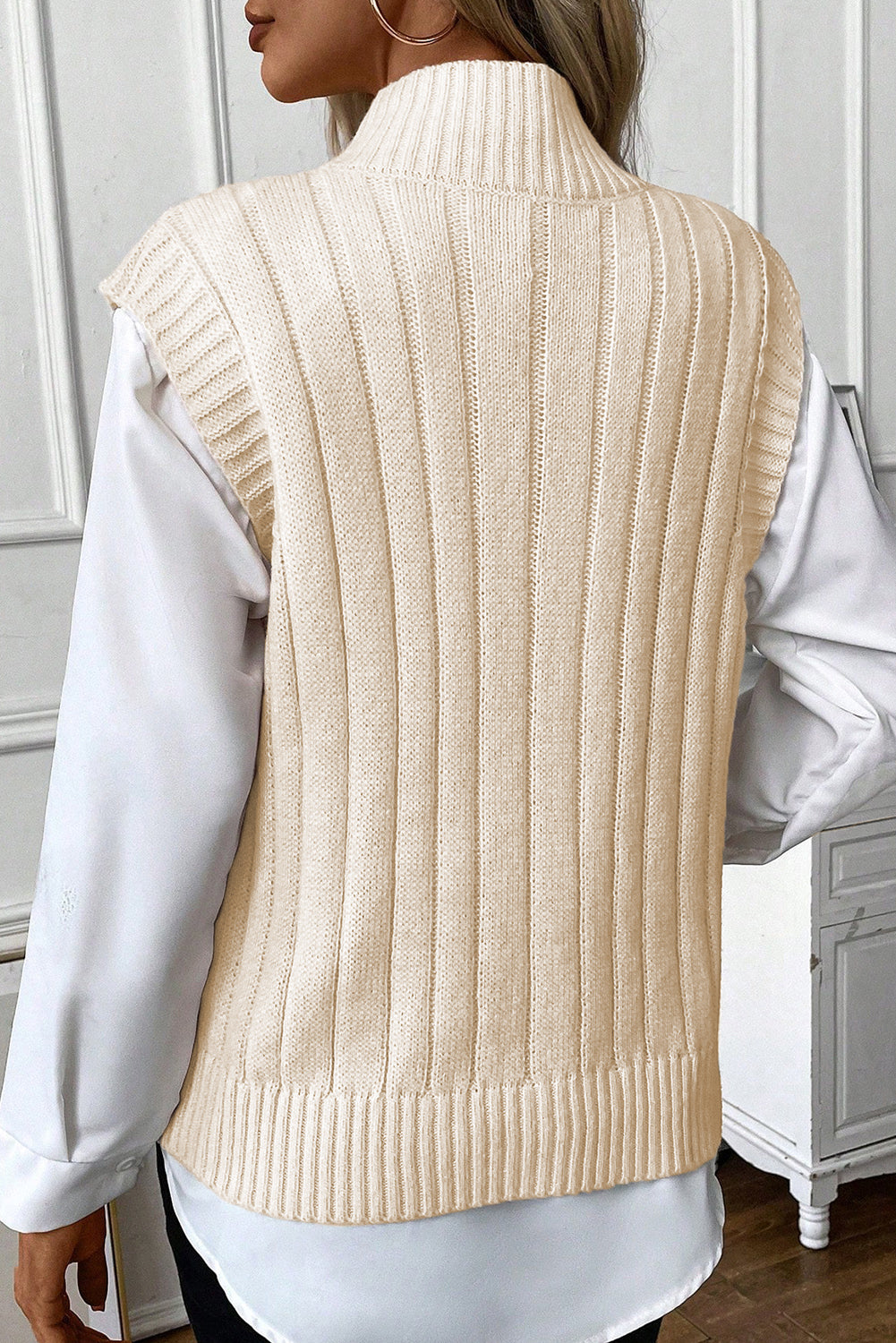 Oatmeal Cable Knit High Neck Sweater Vest with classic cable texture