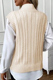 Oatmeal Cable Knit High Neck Sweater Vest with classic cable texture
