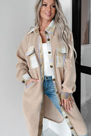 Plaid patchwork sherpa coat in longline silhouette