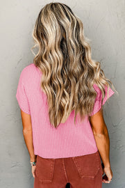 Ribbed knit short sleeve sweater in pink with soft cozy texture
