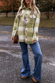 Sage green plaid shacket in 100% polyester with structured non-stretch drape