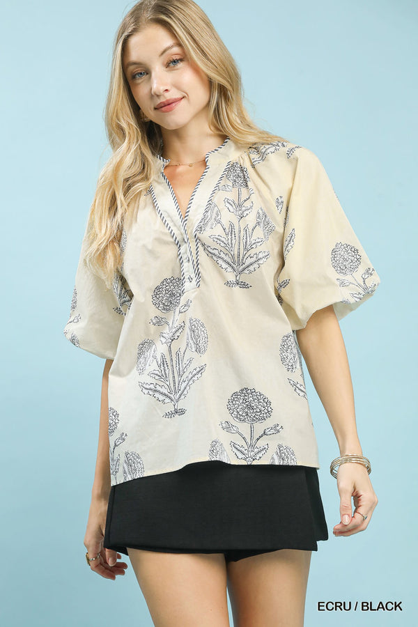 Floral Print Puff Sleeve V-Neck Blouse