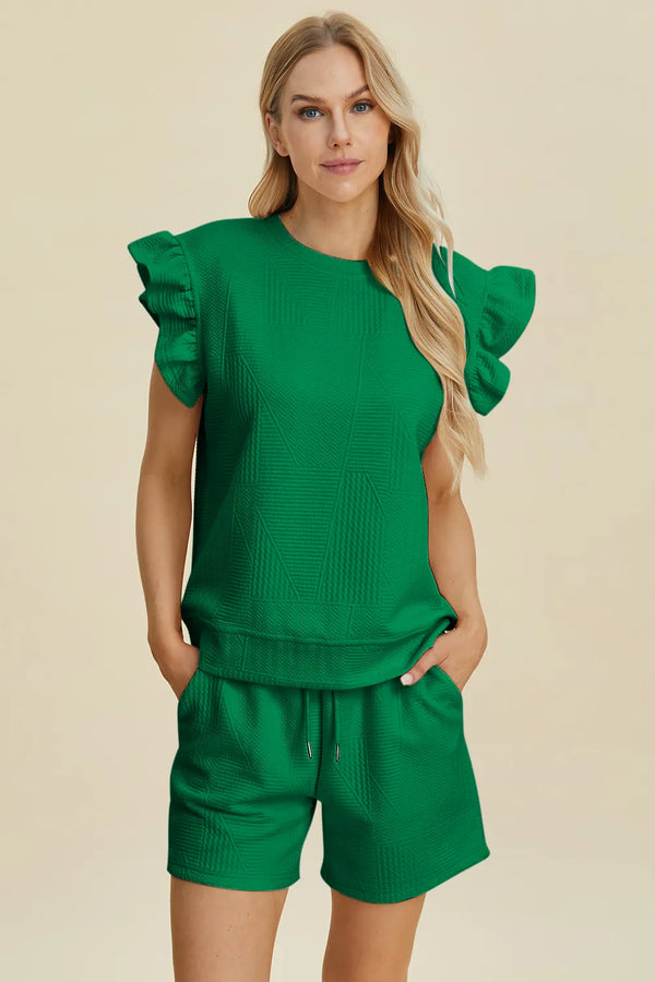 Black Texture Ruffle Sleeve Top and Shorts Two-Piece Set