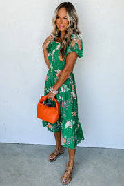 Floral bubble sleeve midi dress with tiered flared skirt