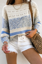 Light Blue Open Stitch Sweater styled for casual everyday wear