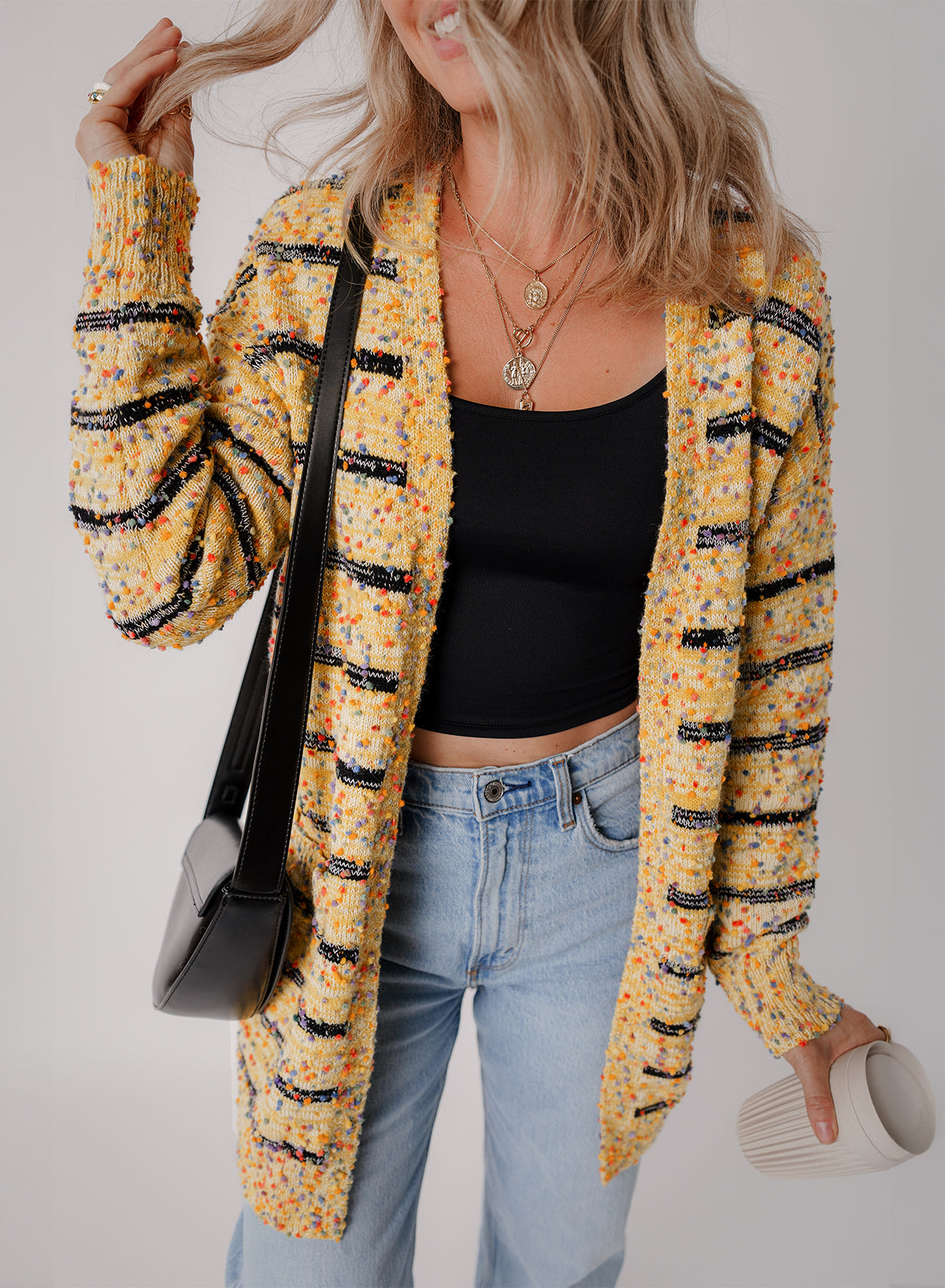 Beige striped pom pom knit open front long cardigan in tunic length