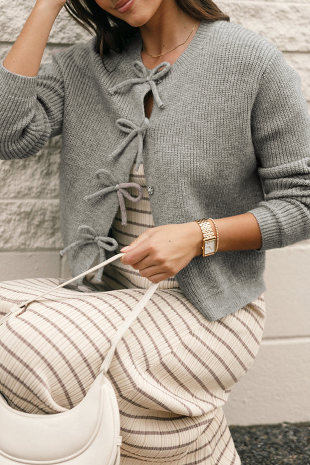 Philippine Gray ribbed knit bow front cardigan with button-up closure