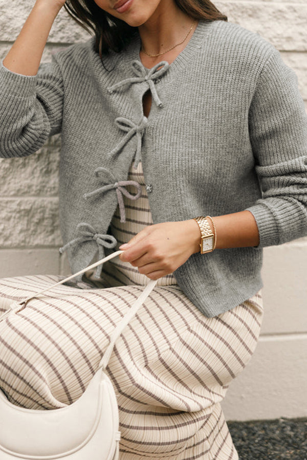 Gray Ribbed Knit Bow Front Button-Up Cardigan