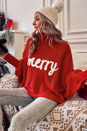 Merry Letter turtleneck sweater with high stretch cozy knit fabric