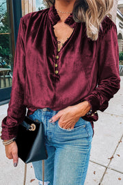 Biking Red velvet frilled neck top with buttoned front