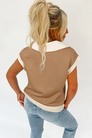 Half-zip collared top with short sleeves and colorblock patchwork detail