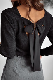 Elegant metallic long sleeve top with high-stretch shimmer fabric