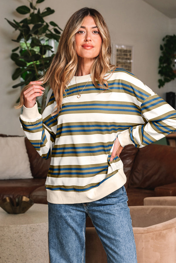 Khaki Stripe Oversized Drop Shoulder Crew Neck Sweatshirt