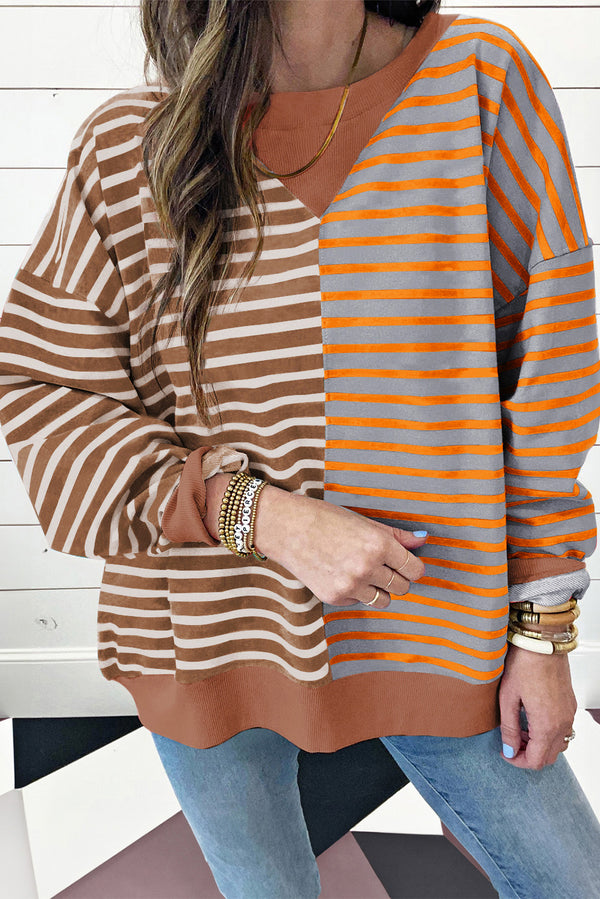 Brown Stripe Colorblock Drop Shoulder Oversized Sweatshirt