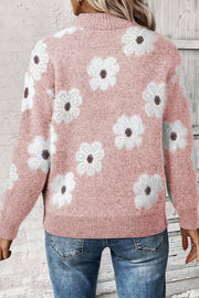 Half Zip Drop Shoulder Sweater showing floral knit pattern and long sleeves