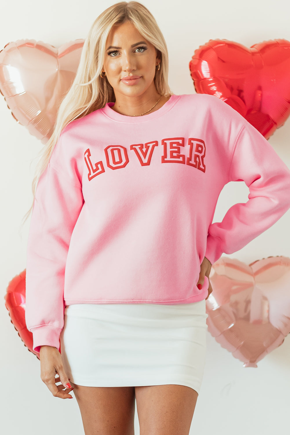 Pink LOVER puff print pullover sweatshirt with dimensional 3D letter graphic
