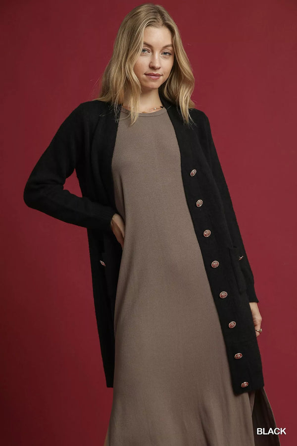 Umgee Longline Button-Down Cardigan Sweater with Pockets