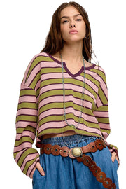 Waffle-knit long sleeve top styled casual with medium stretch texture