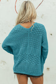 Hollowed knit open front cardigan in lapis with relaxed shift silhouette