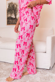 High-waist pink bow knot print pajama pants with relaxed fit