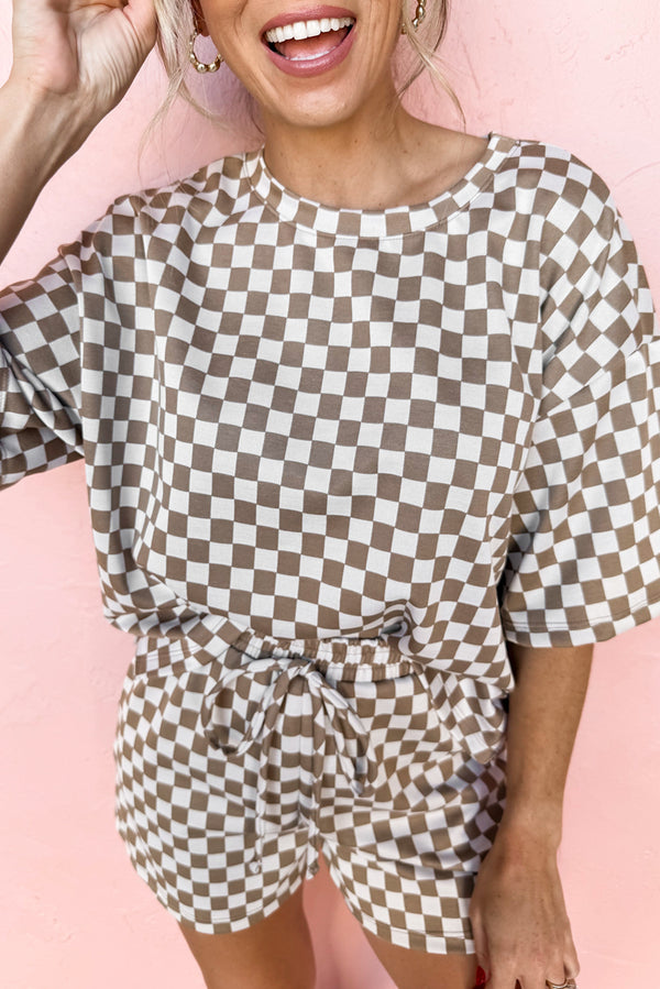 Brown Checkered Top and Short Casual 2-Piece Set