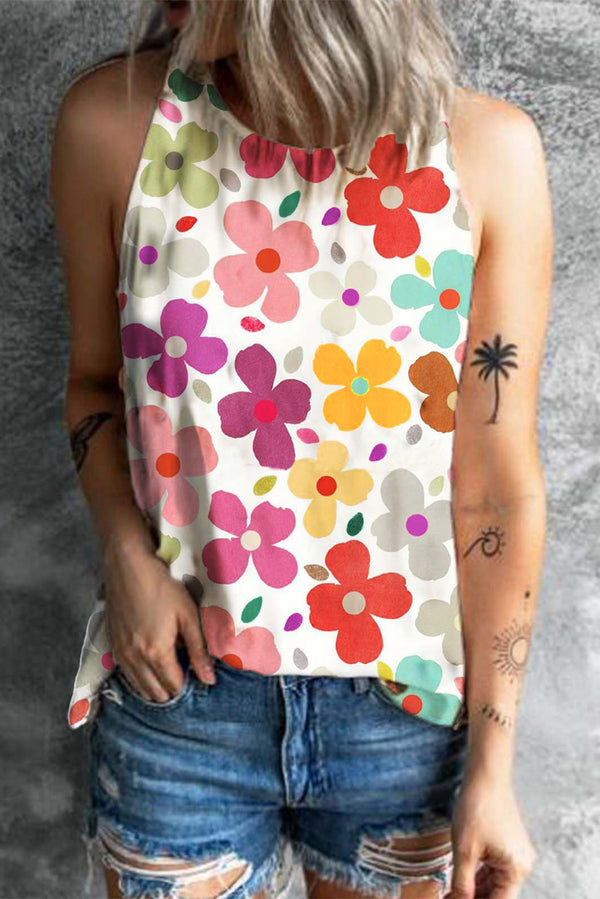 White Floral Print Tank Top