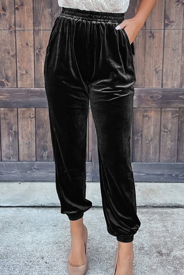 Velvet Jogger Pants — High-Waist Black Pull-On Joggers