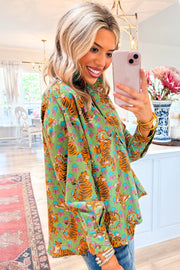 Green floral long sleeve blouse in 100% polyester