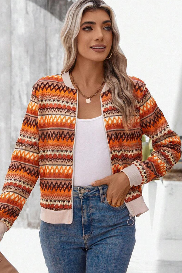 Womens Jacket Fall — Orange Boho Striped Zip-Up Long Sleeve Layer