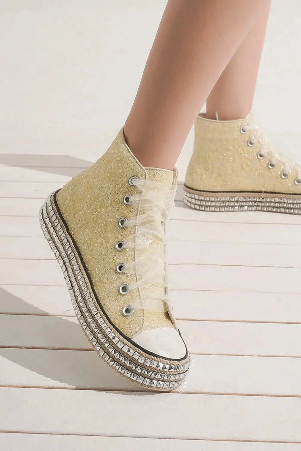 White Shoes Glitter Lace-Up Studded Platform Sneakers