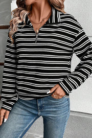 Black Stripe quarter zip long sleeve top in soft stretch textured fabric