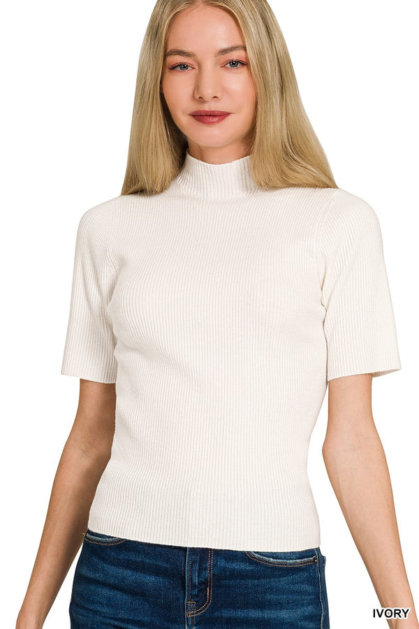 Short Sleeve Sweater — Ivory Ribbed Mock Neck Pullover