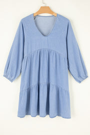 Casual chambray V-neck mini dress in 95% cotton blend