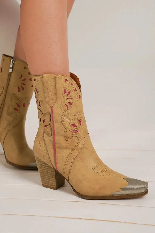 Western Womens Boots with Cut-Out Floral Embroidery & Metallic Toe